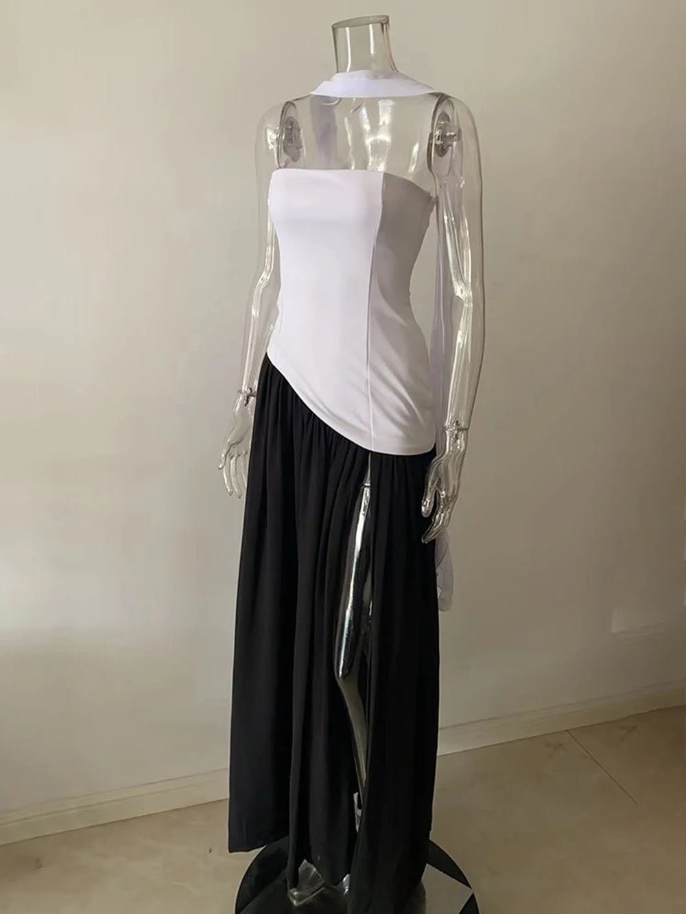 Strapless Neck Scarf Choker Draped Overlay High Split Maxi Dress 16