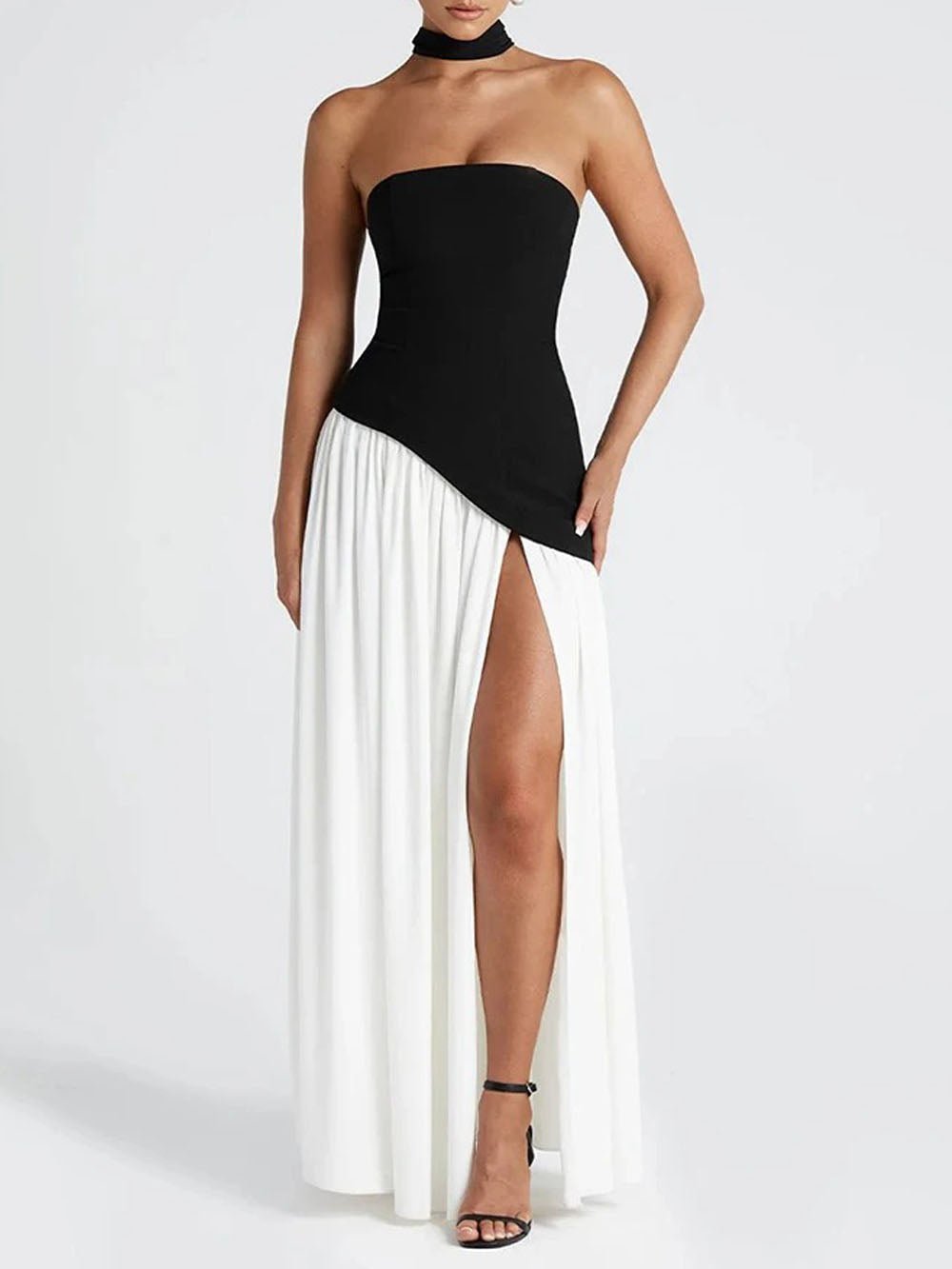 Strapless Neck Scarf Choker Draped Overlay High Split Maxi Dress 11