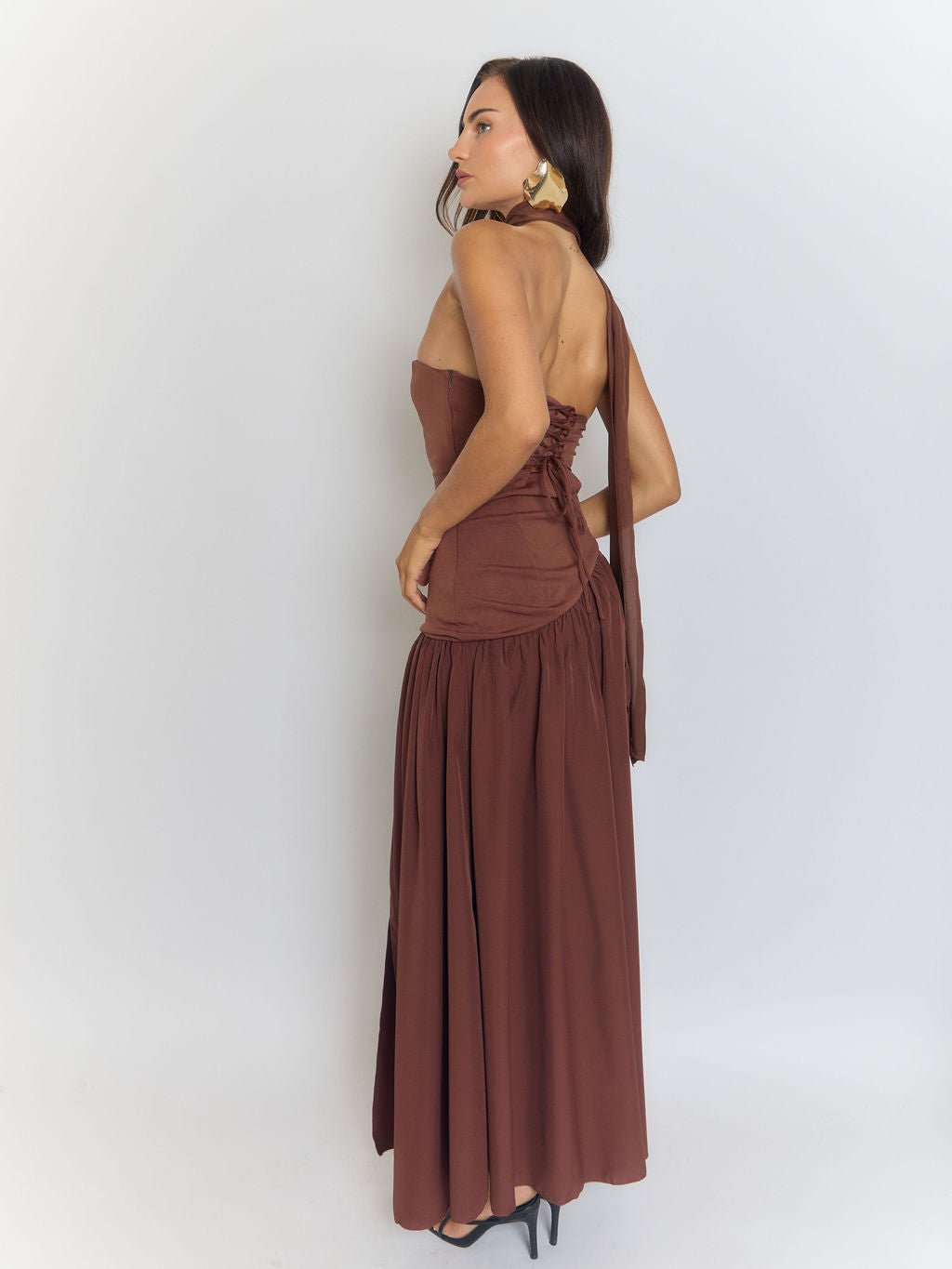 Strapless Neck Scarf Choker Draped Overlay High Split Maxi Dress 3
