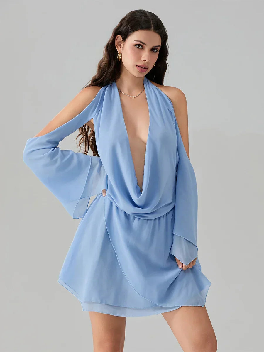 Halter Tie-Up Cowl Neck Mini Dress