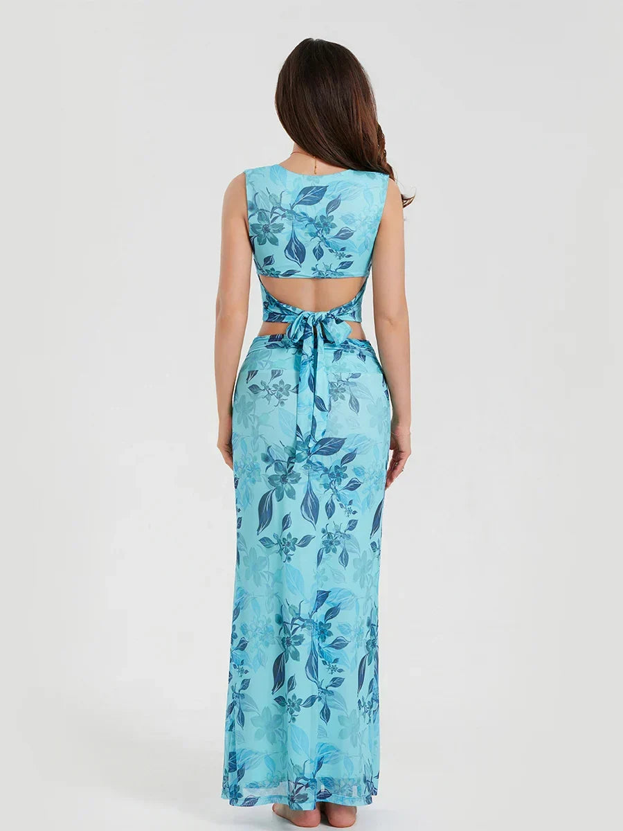 Boho Blue Floral Back Bandage Crop Tank Wrap Long Floral Dress