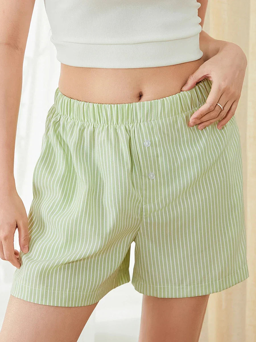 Plaid Striped Button Lounge Short green / S short-250223