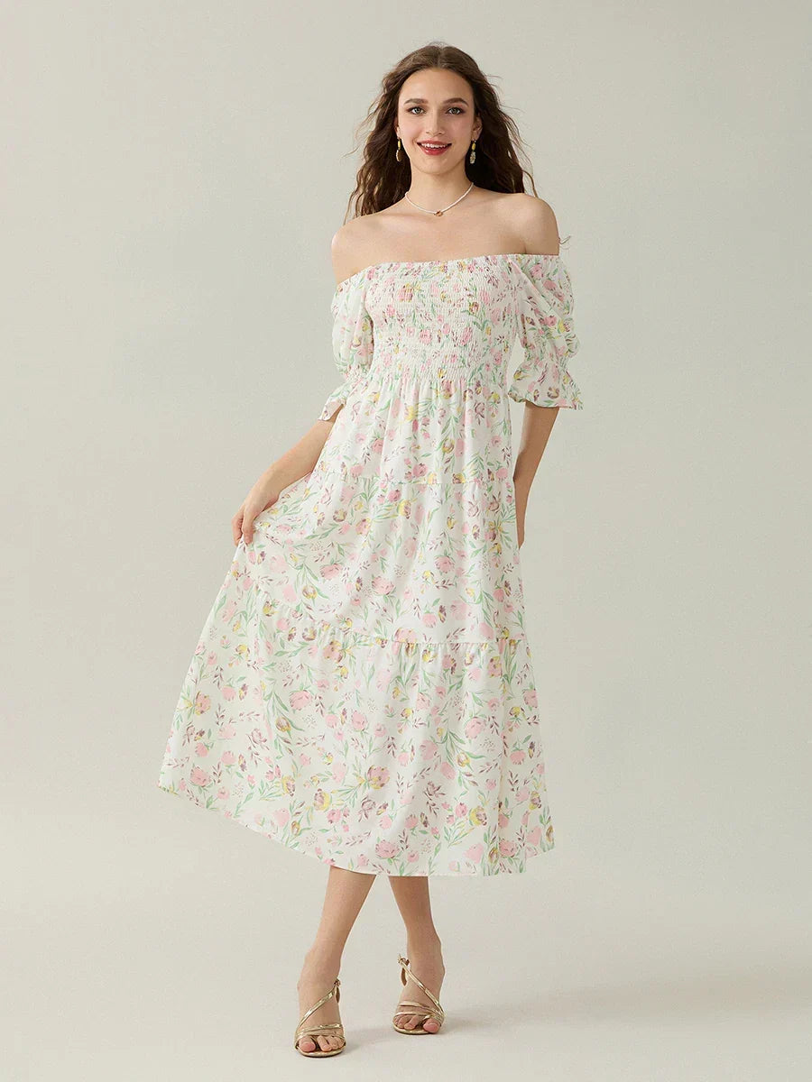 Elegant Off-Shoulder Party Half Sleeve Square Neck A-line Floral Dress
