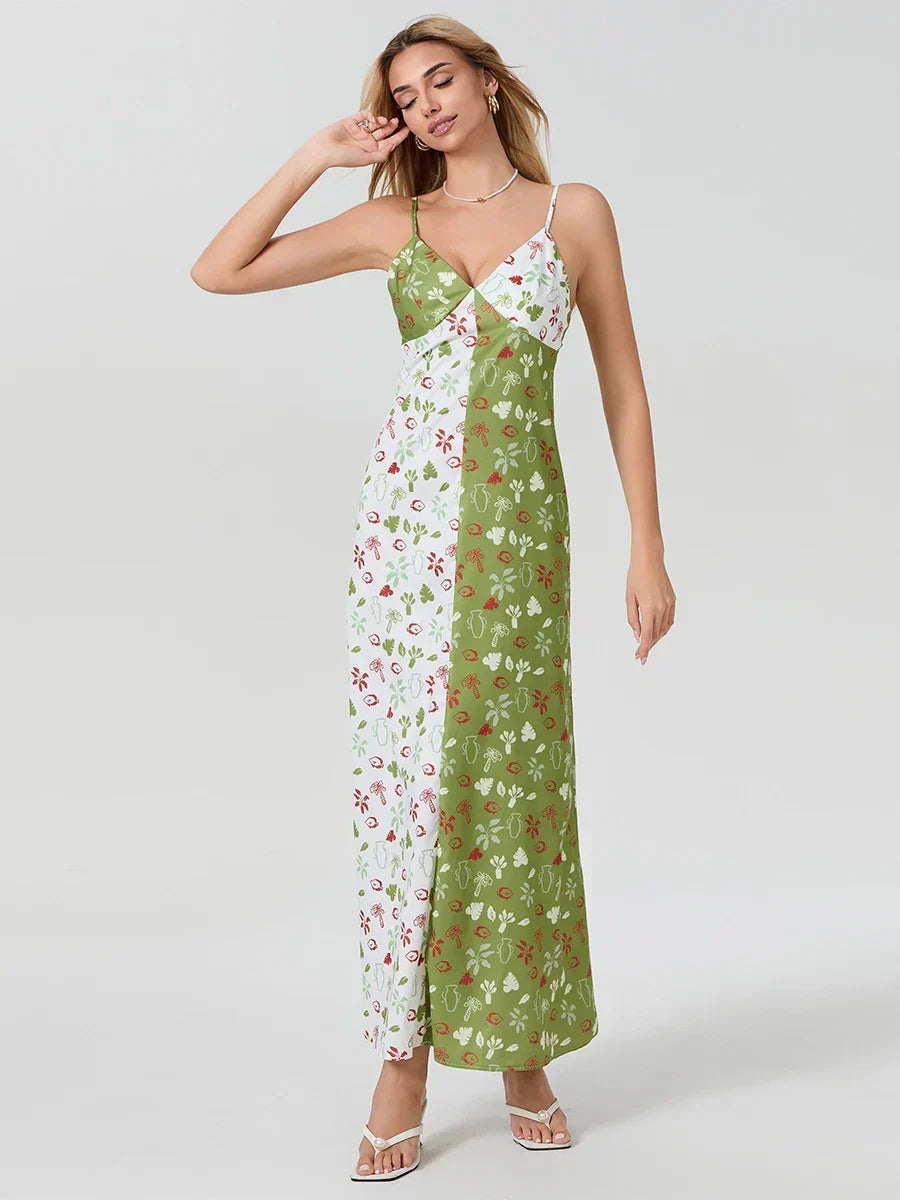 Contrast Color V-neck Spaghetti Strap Slip Floral Dress