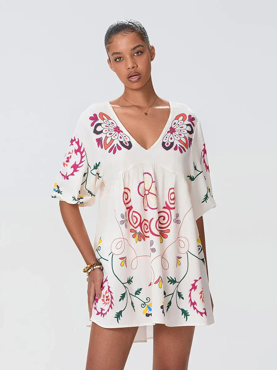Loose Mini Beach Floral Dress for Vacation WHITE / S floraldress-250126