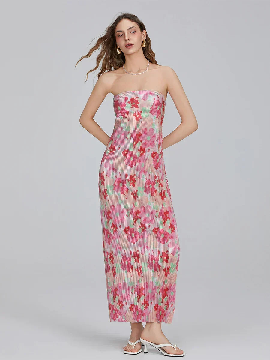 Floral Print Off-Shoulder Bandeau Pleated Tube Top Backless Party Dress