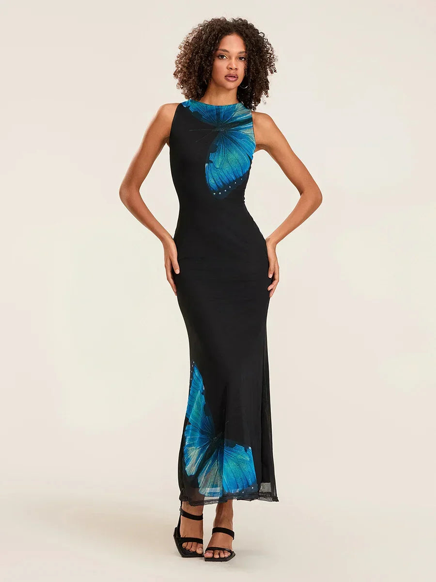 Floral Sleeveless Bodycon Back Hollowed Lacing Tank Party Floral Dress