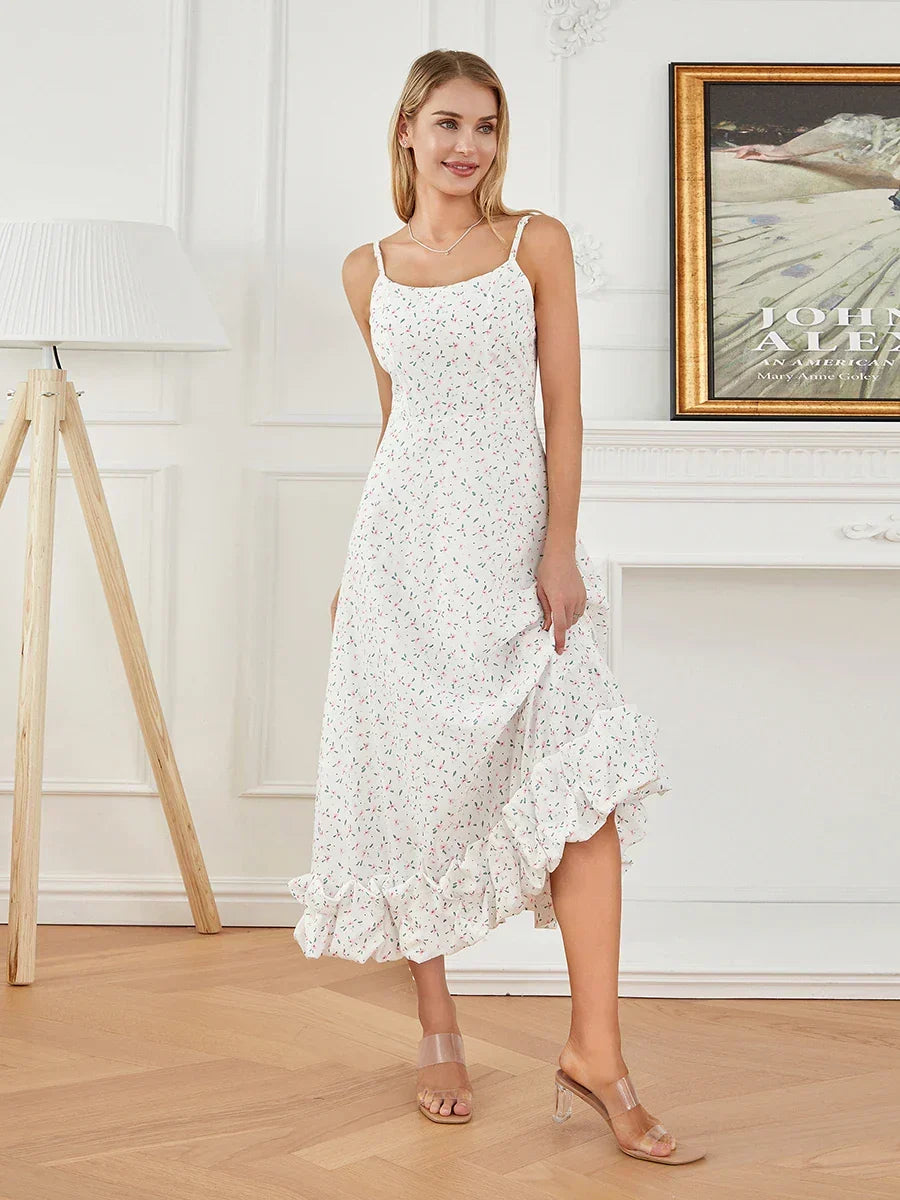 Spaghetti Strap Ruffled Long Sweet Sling Bubble Hem A-line Floral Dress