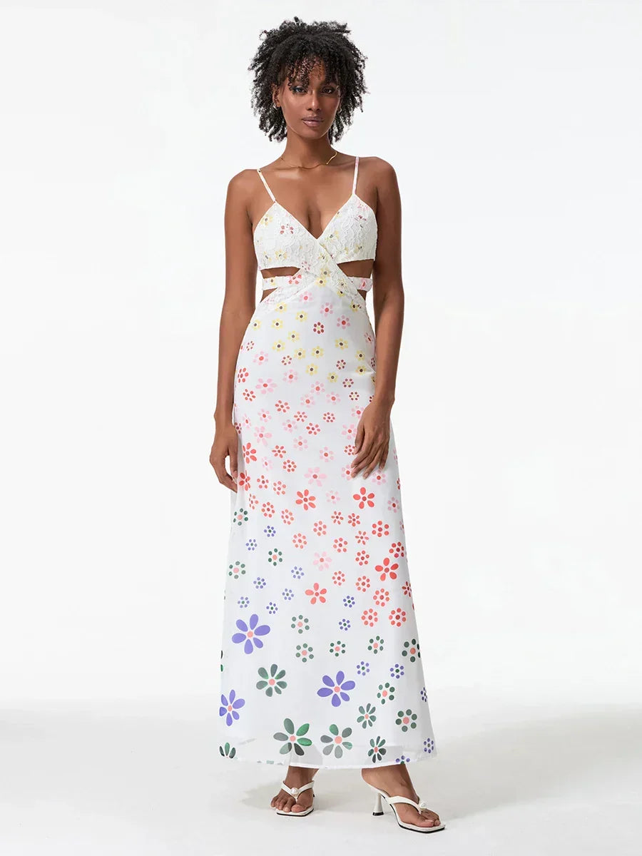 Spaghetti Straps Elegant Backless Bow Cross Floral Dress WHITE / S floraldress-250126