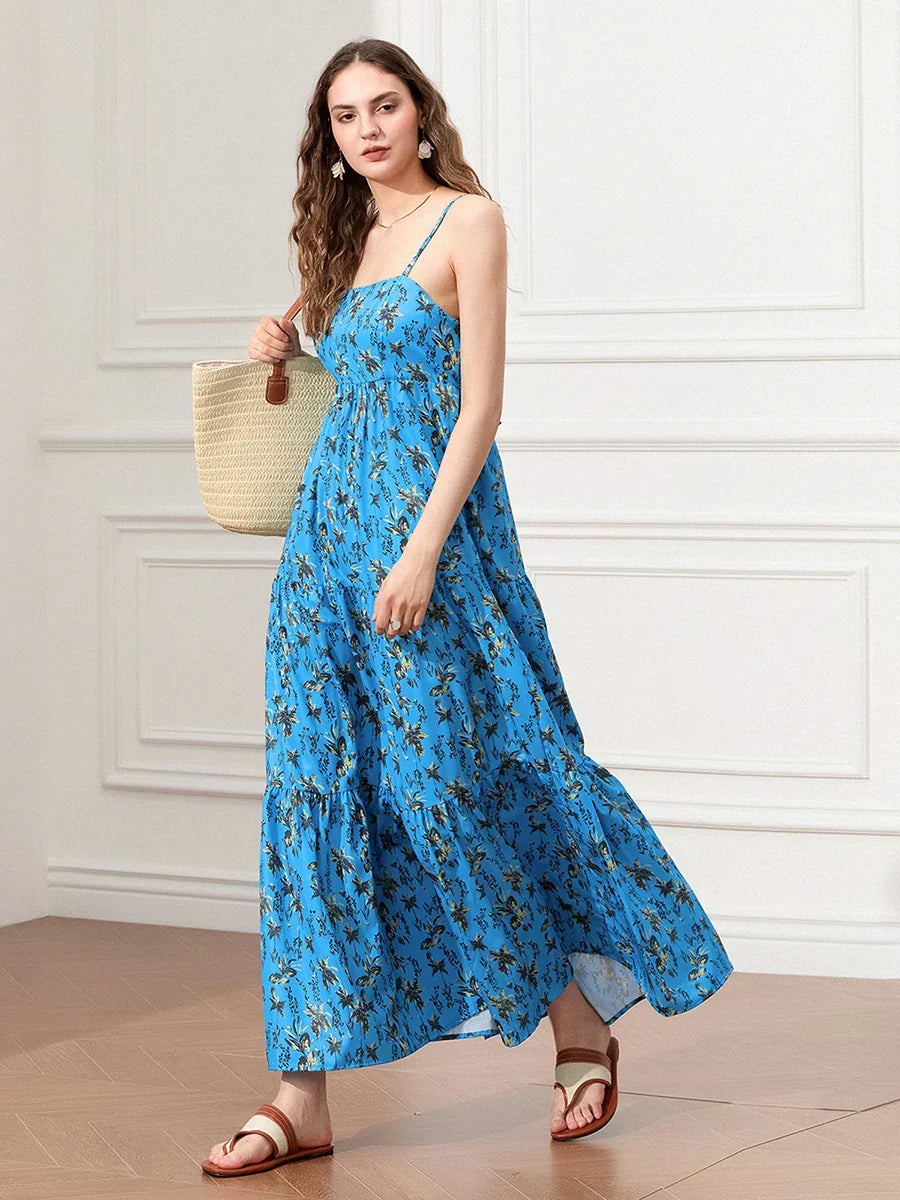 Spaghetti Strap Ruched Backless A-Line Beach Vacation Floral Dress