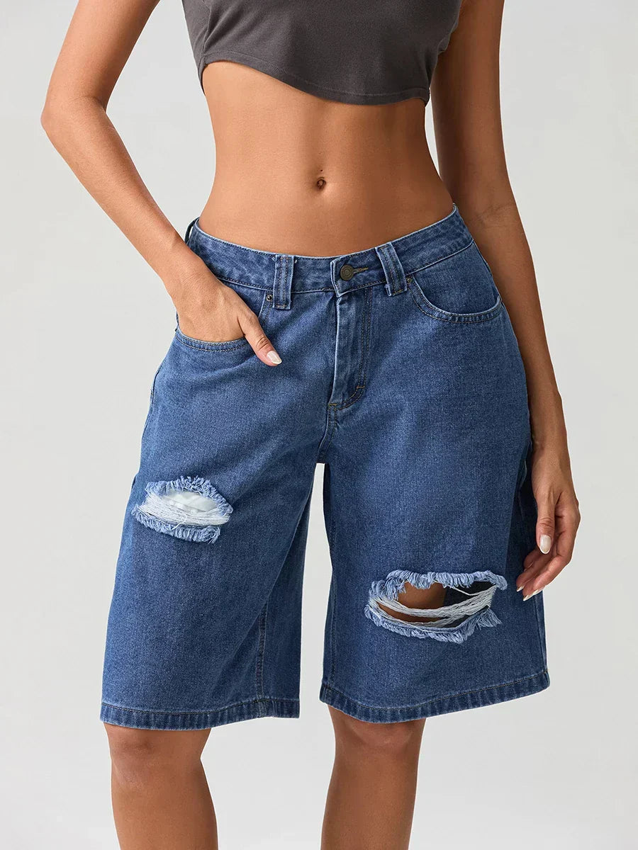 Ripped Button Knee-Length Denim Short