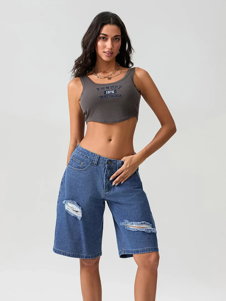 Ripped Button Knee-Length Denim Short