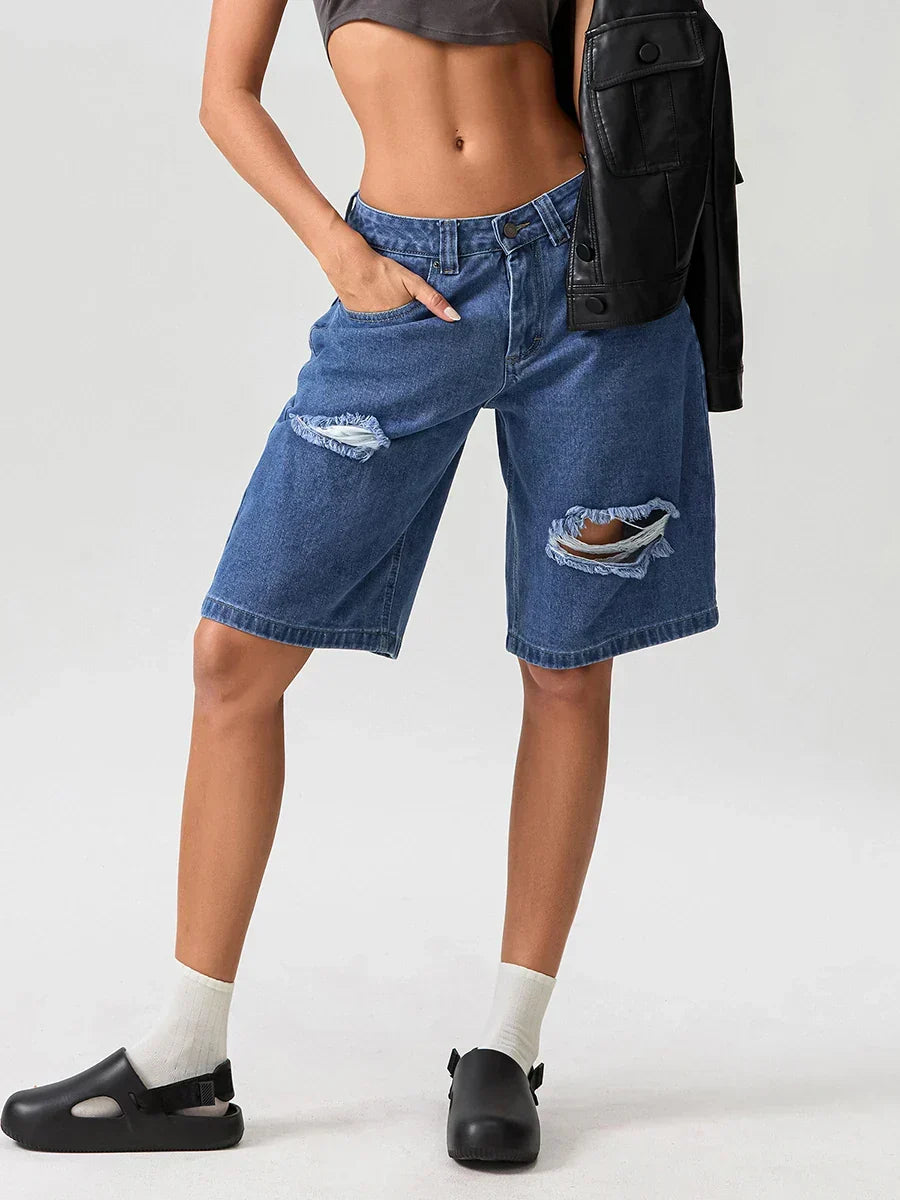 Ripped Button Knee-Length Denim Short