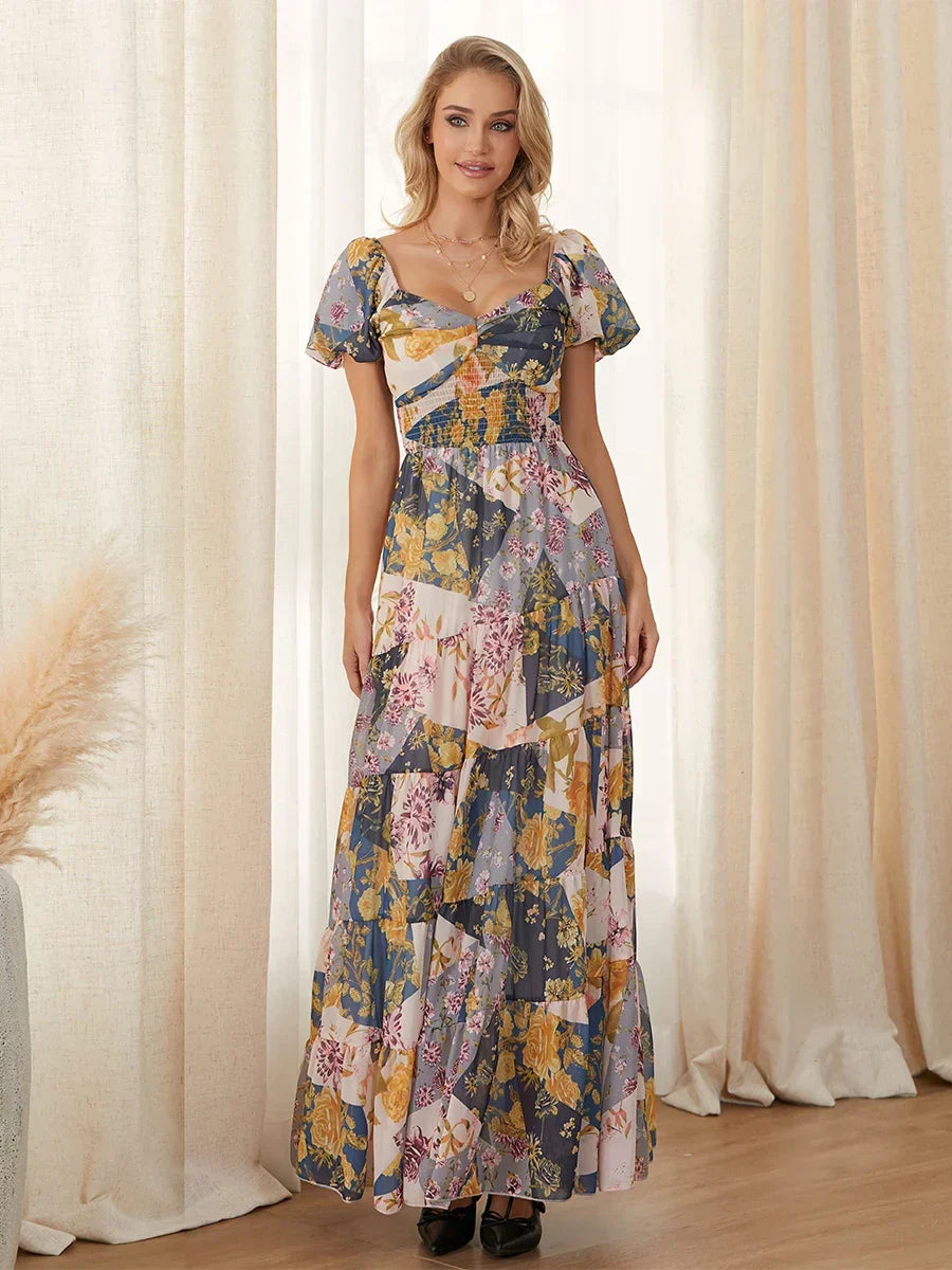 Retro Floral Print Swing Puff Short Sleeve Sweetheart Neck A-Line Beach Dress GREEN2 / S floraldress-250126