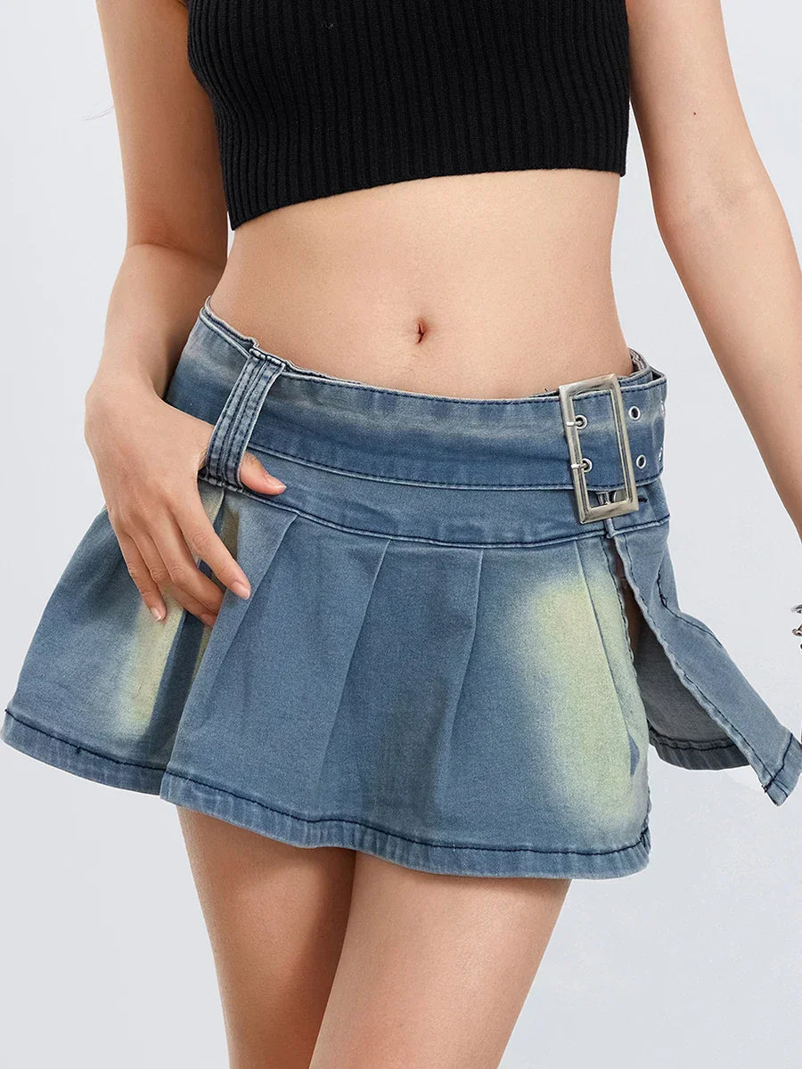 Belted Pleated A-Line Skirt