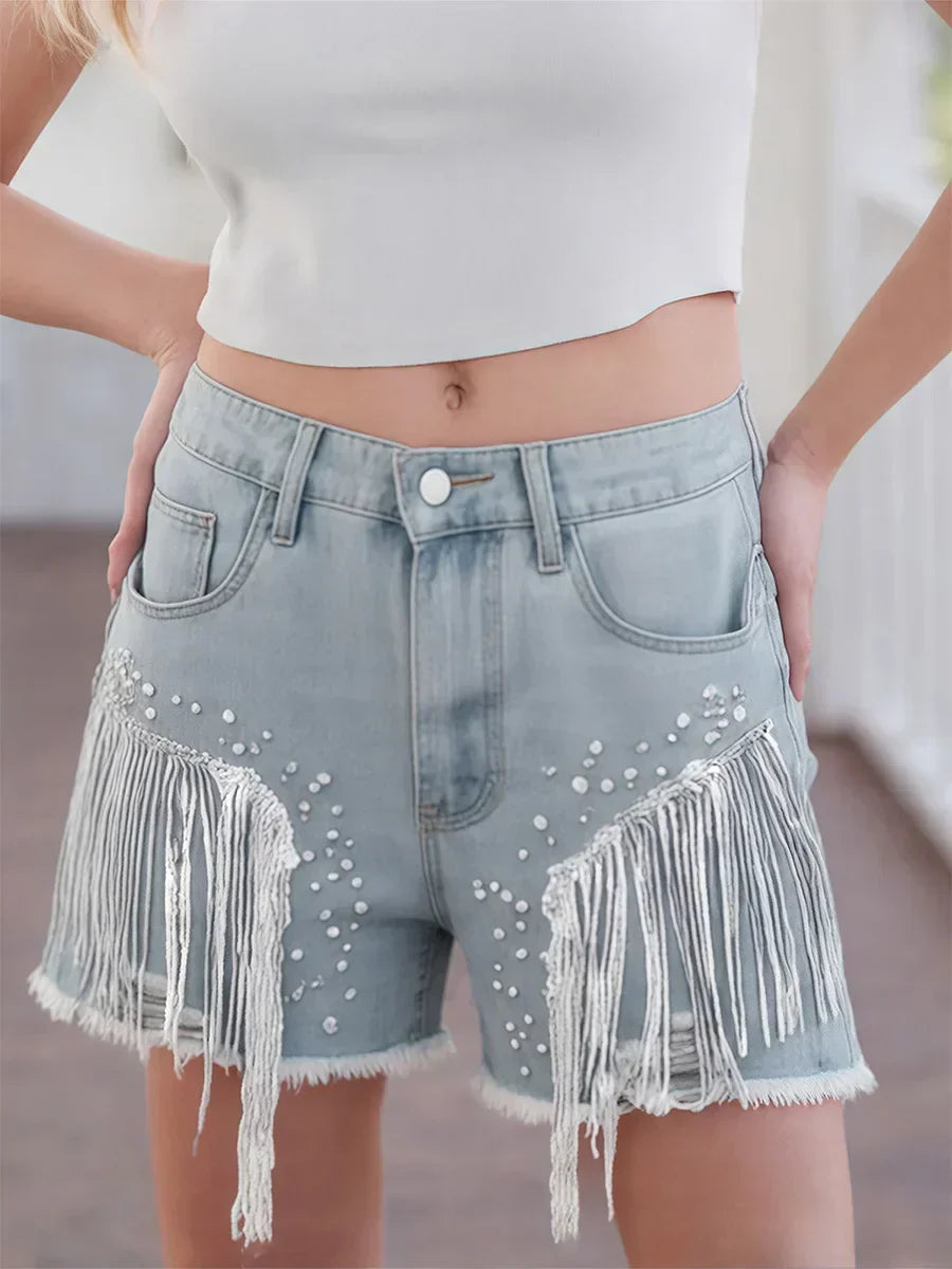 Sequins Tassel Ripped Denim Short SKY BLUE / S short-250223