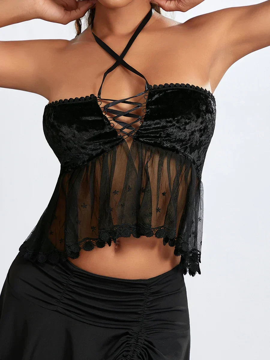 Sheer Mesh Halter Tie-up Strapless Backless Bandeau