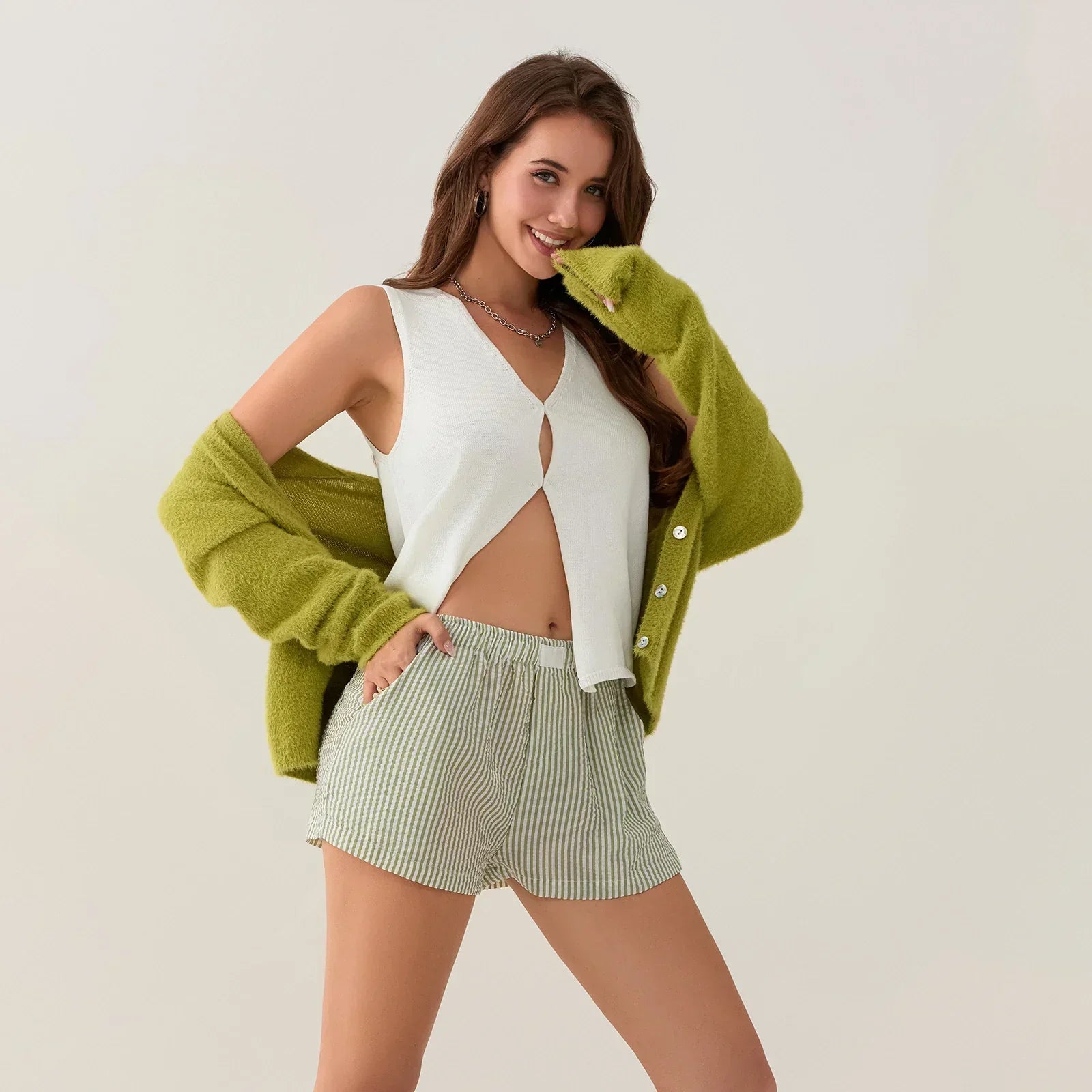Striped Side Split Elastic Waist Short