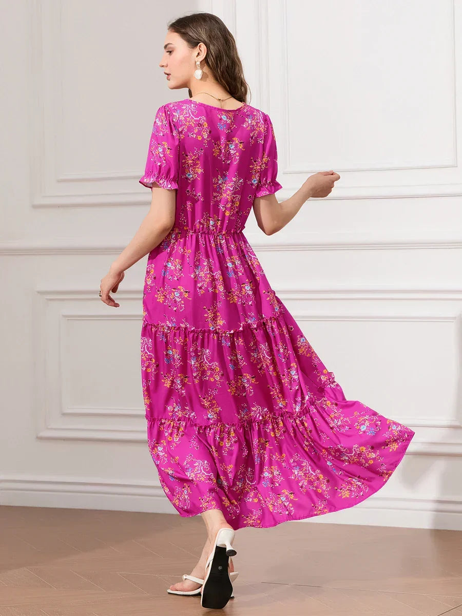 Floral Ruched Tiered Puff Sleeve Pleated Flowy Long Floral Dress