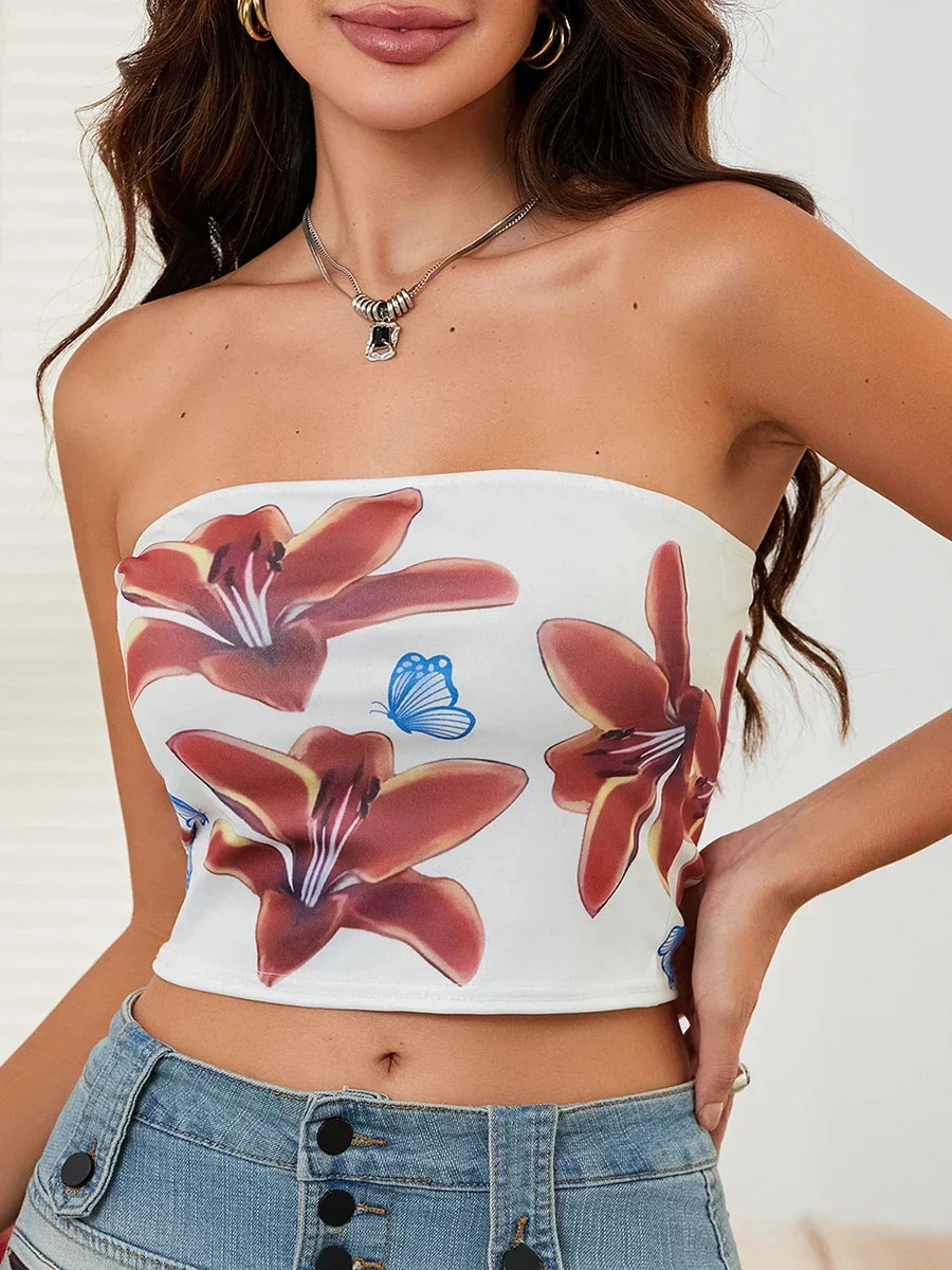 Sexy Floral Strapless Backless Crop Tank Tube Top
