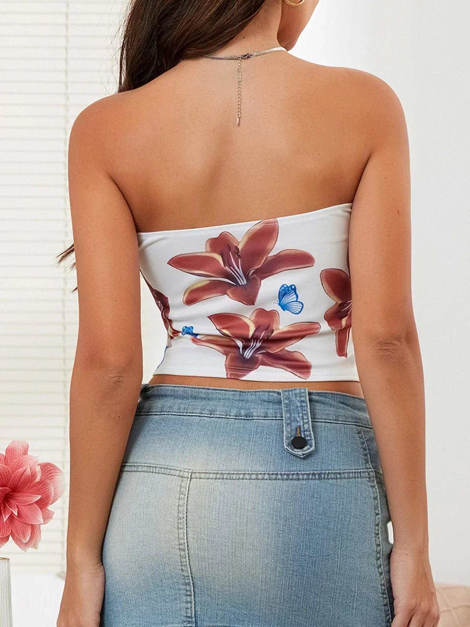 Sexy Floral Strapless Backless Crop Tank Tube Top
