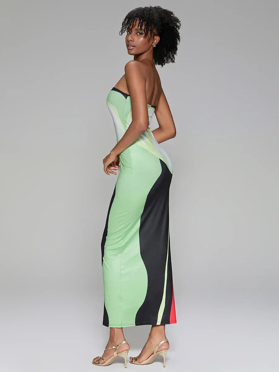 Abstract Print Strapless Side Split Floral Dress