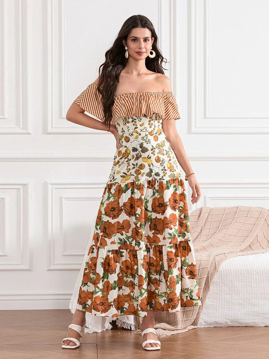 Off-Shoulder Ruffled Ruched Vintage Striped Fruit Flower Floral Dress MULTI / S floraldress-250126