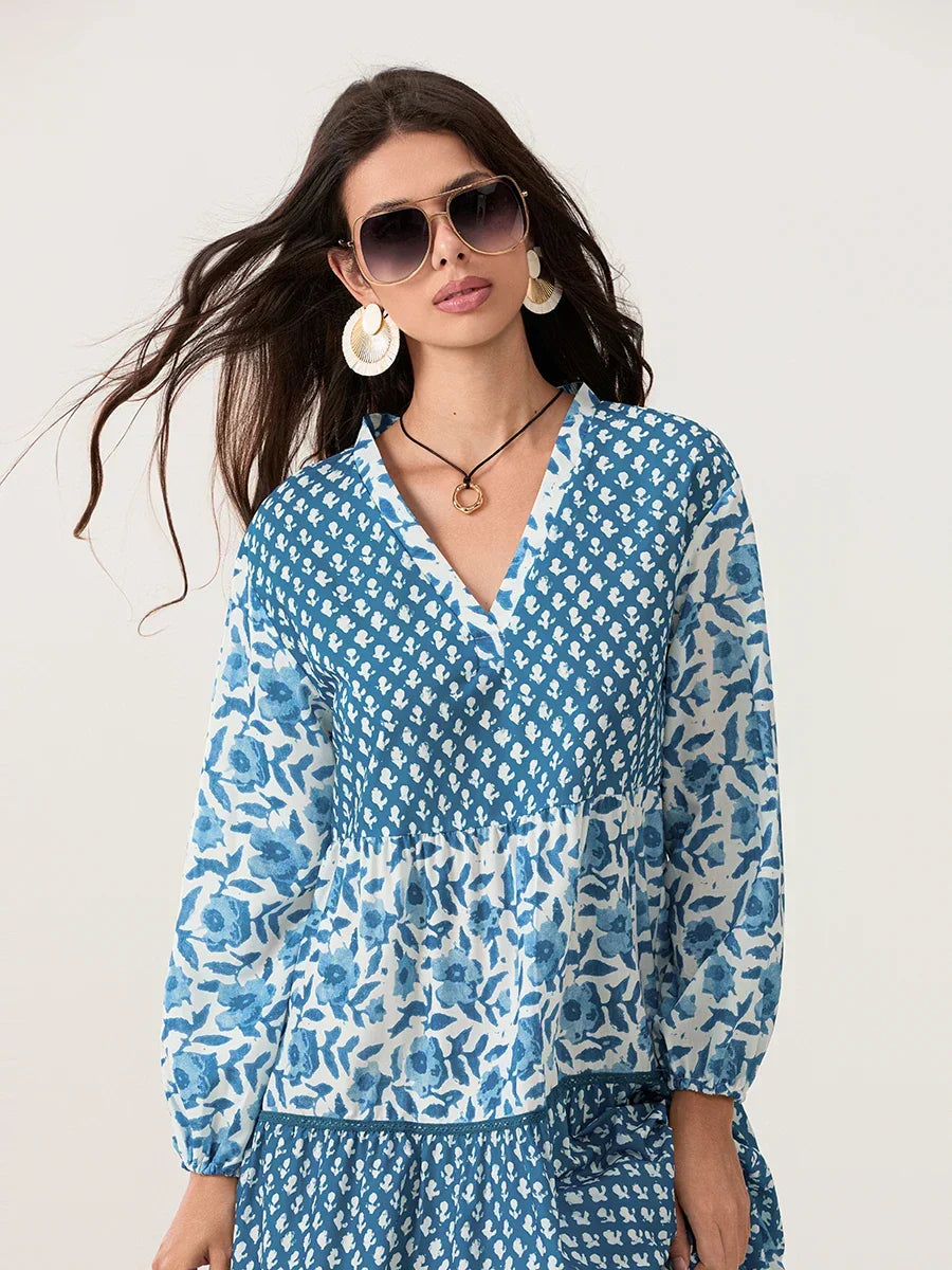 Autumn Floral Long Sleeve V-Neck Loose A-Line Floral Dress