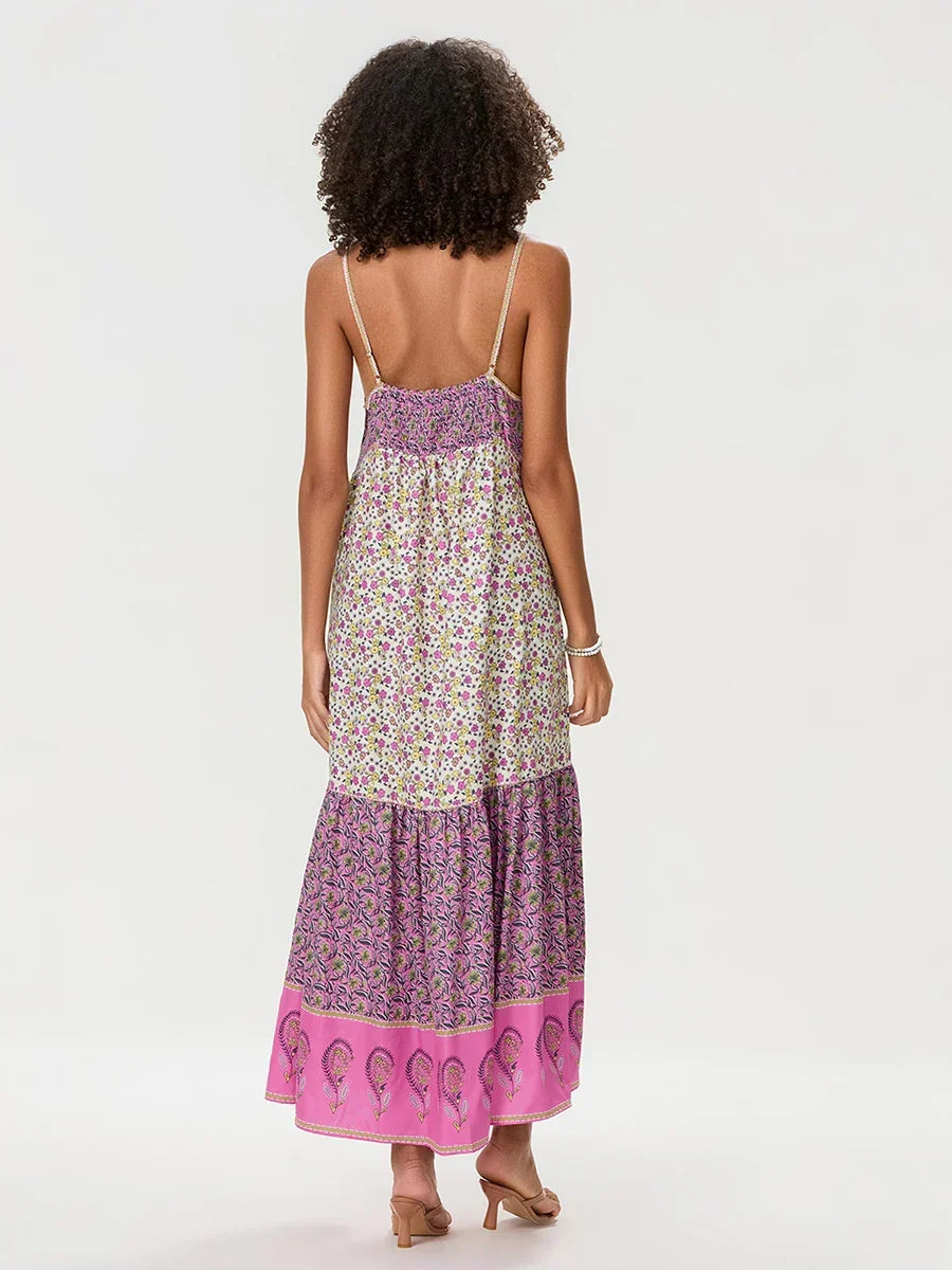 Bohemian Floral Spaghetti Strap Ruched Floral Dress