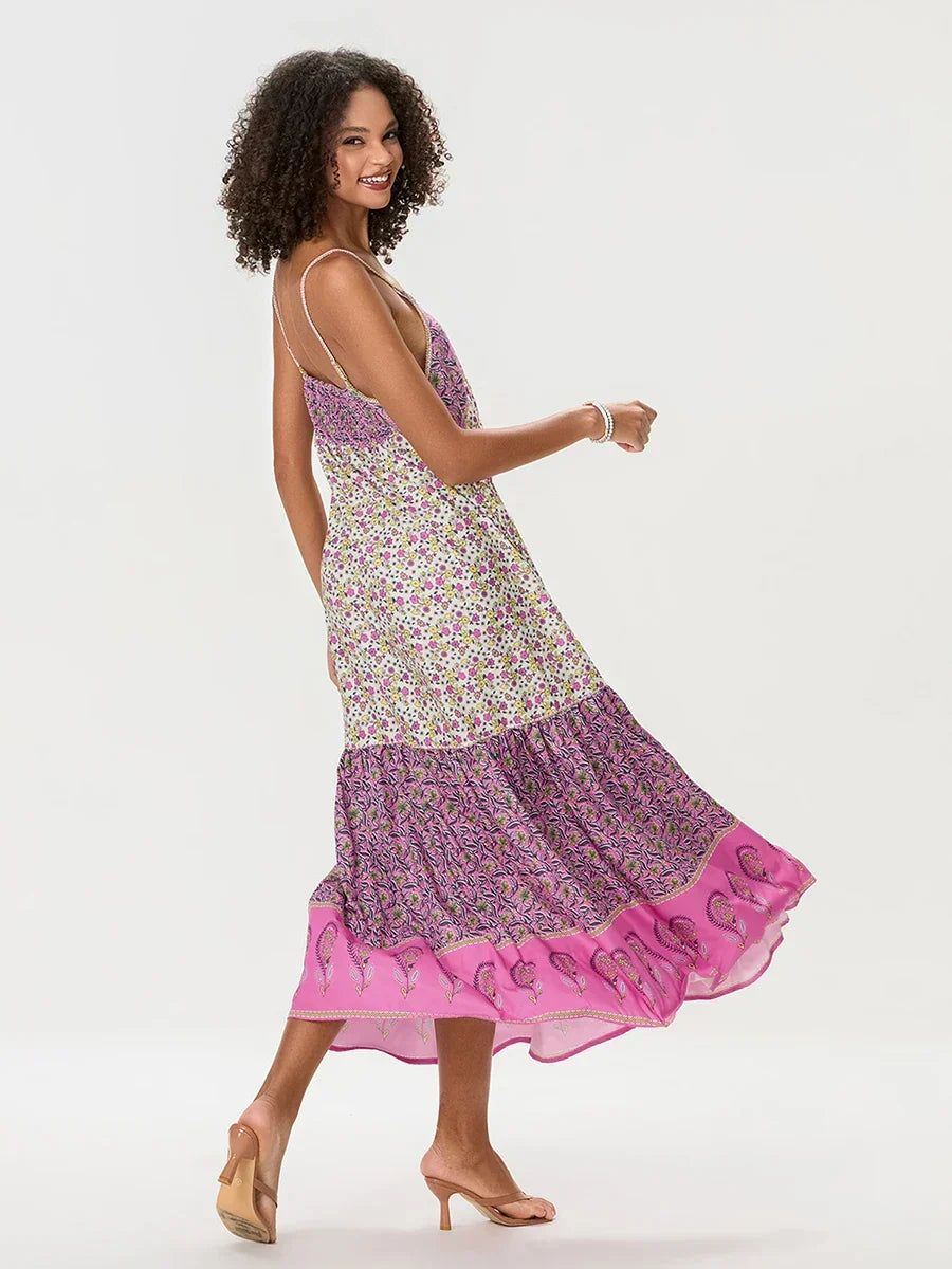 Bohemian Floral Spaghetti Strap Ruched Floral Dress