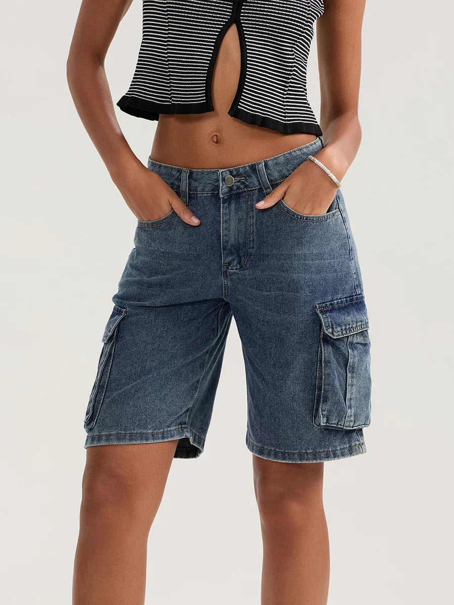 Solid Mid Rise Button Denim Short