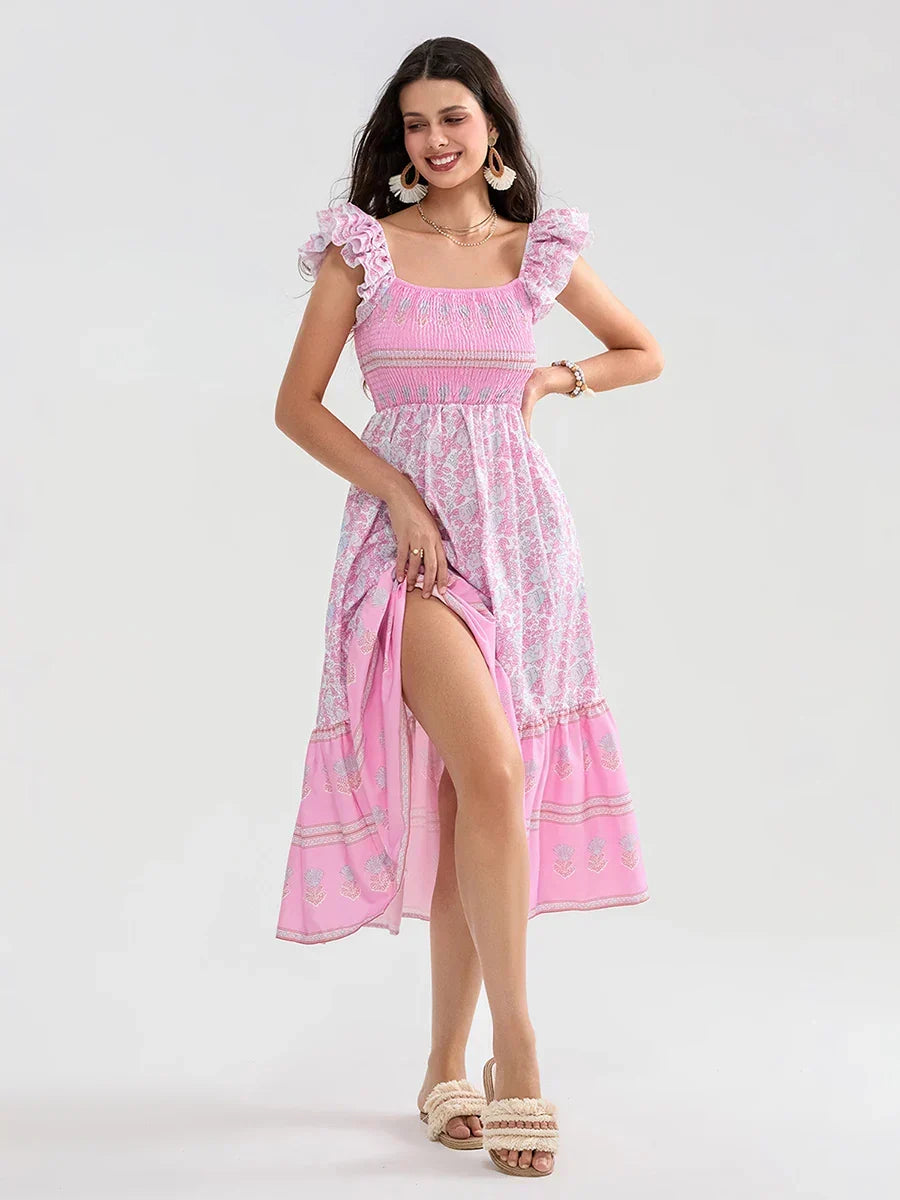Floral Dot Print Shirred Square Neck Ruffled Flowing Beach Floral Dress Pink / S floraldress-250126