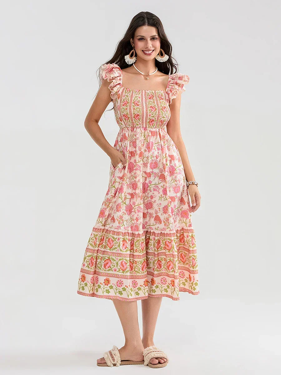Floral Dot Print Shirred Square Neck Ruffled Flowing Beach Floral Dress