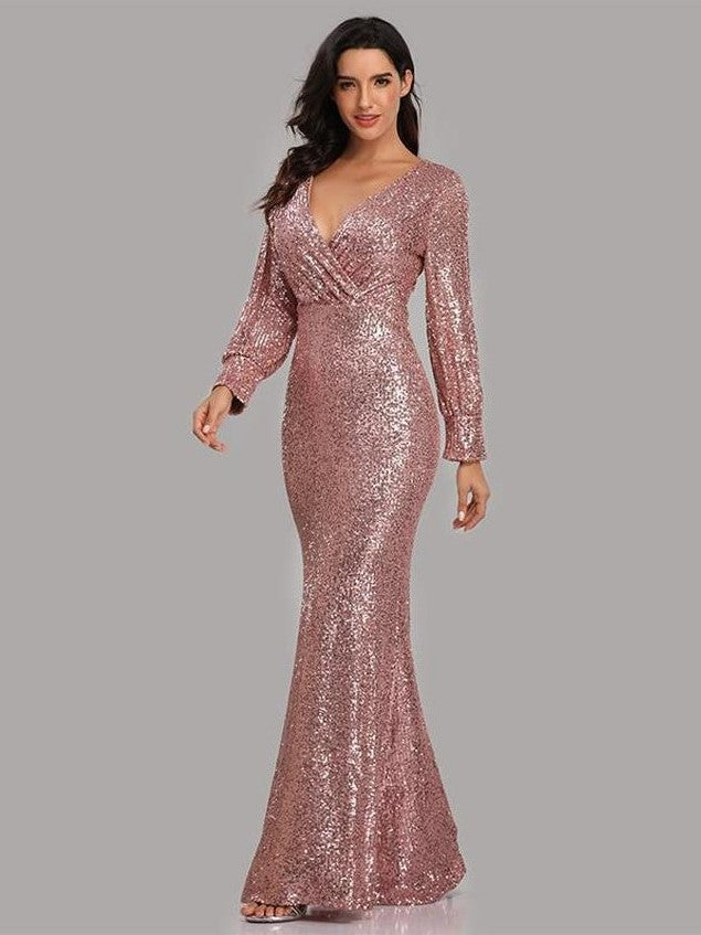 Elegant Long Sleeve Sequined Evening Dress