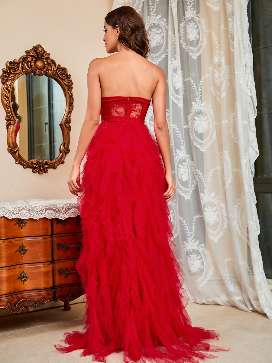 Strapless Netting Sheer Plumage Slit Evening Dress