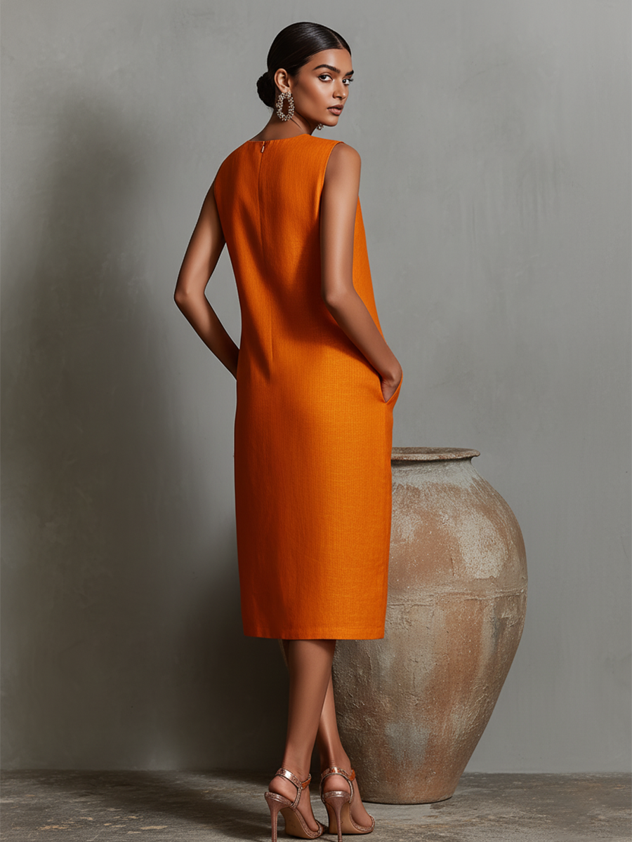 Round Neck Sleeveless Linen Pocket Straight Sheath Midi Dress