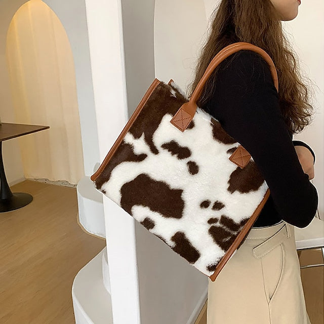 Leopard Faux Fur Leather Trim Tote Bag