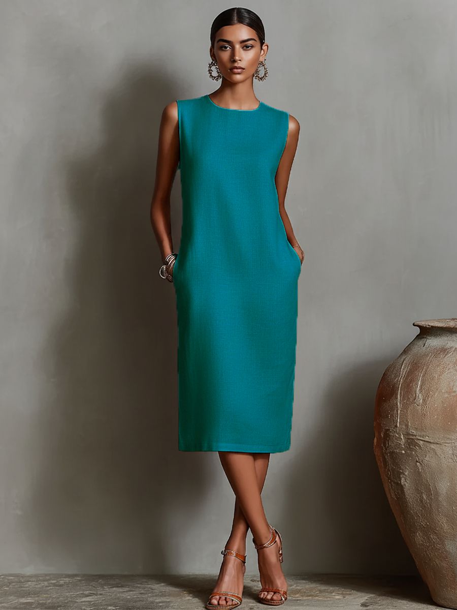 Round Neck Sleeveless Linen Pocket Straight Sheath Midi Dress