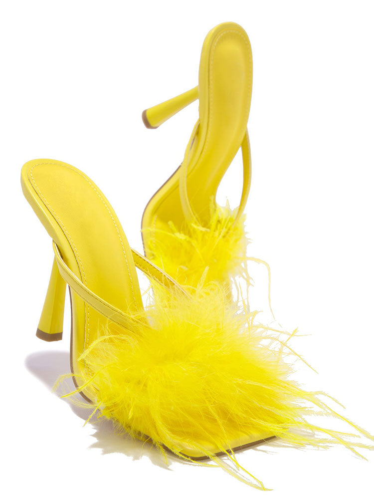 Feather Trim Square Toe Stiletto High Heel Mules