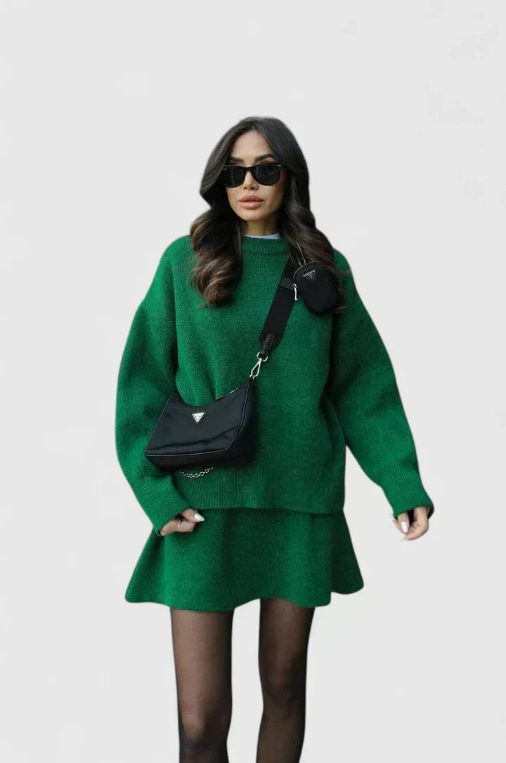 Round Neck Long Sleeve Oversized Knit Sweater Skirt Set 3