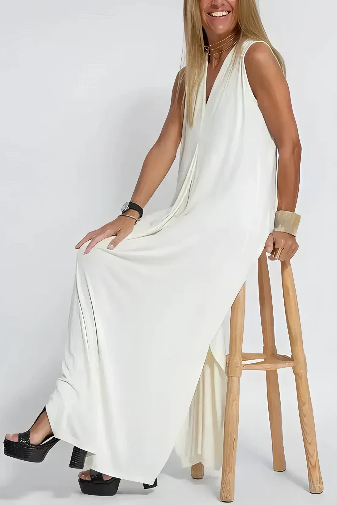 V-Neck Sleeveless Pleated Front Draped Relaxed Maxi Dress
