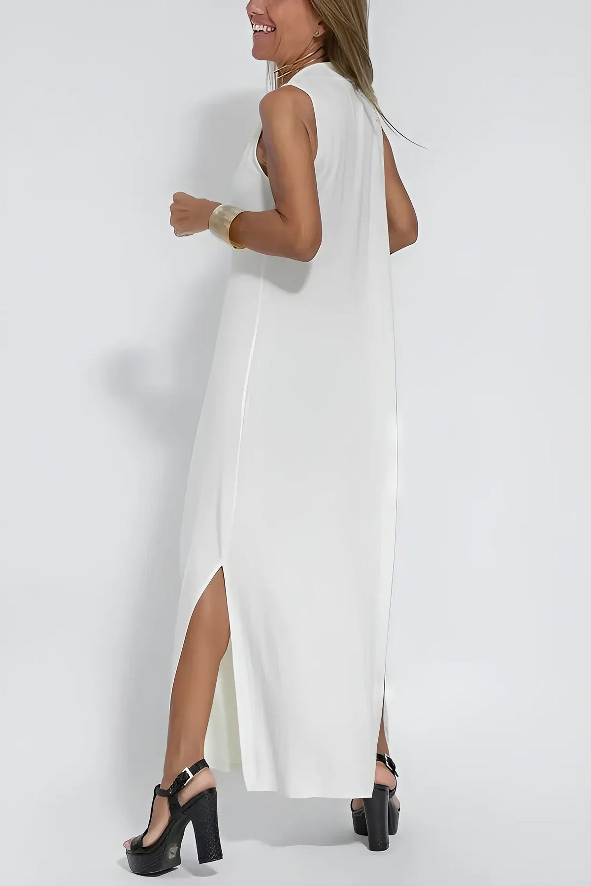 V-Neck Sleeveless Pleated Front Draped Relaxed Maxi Dress