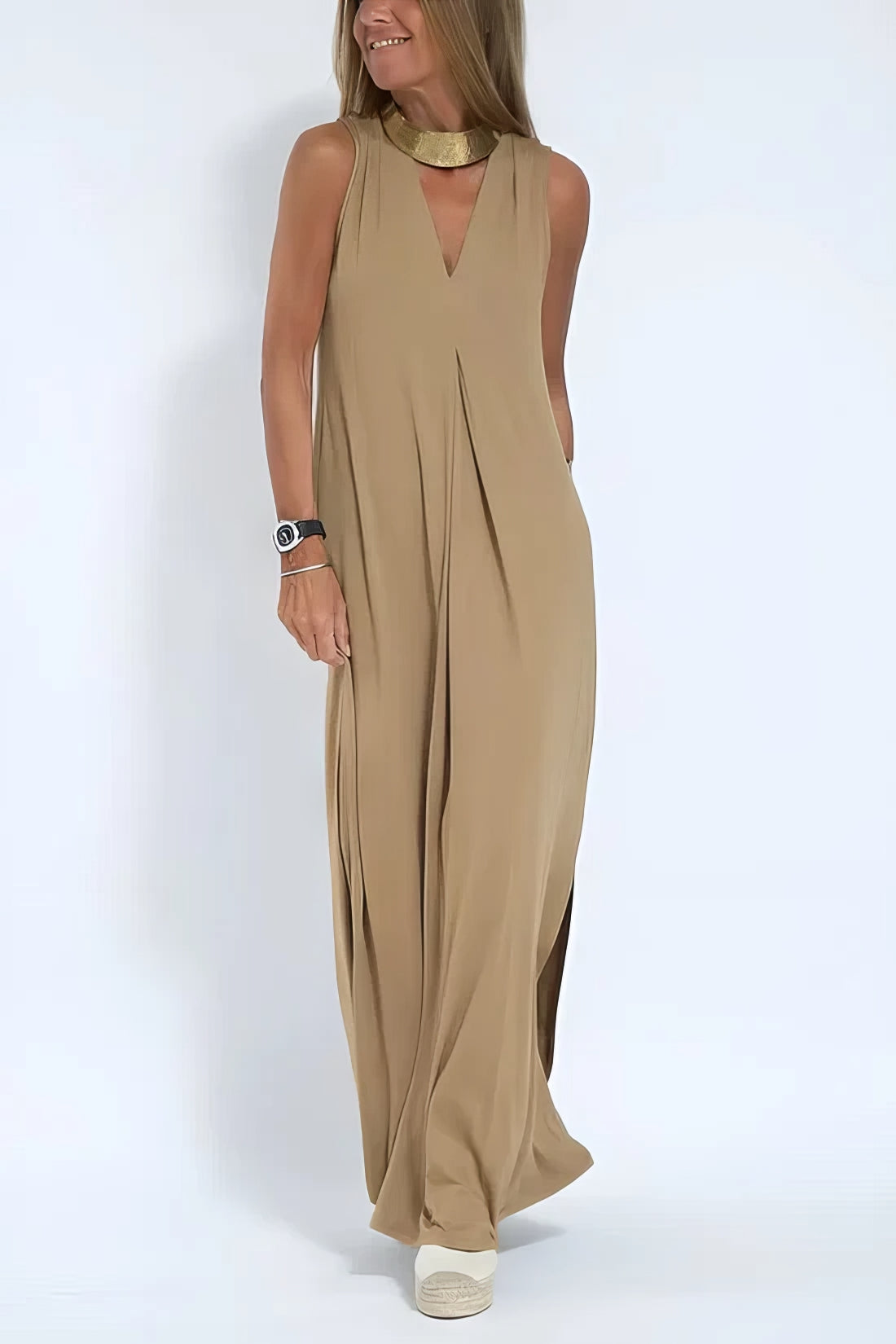V-Neck Sleeveless Pleated Front Draped Relaxed Maxi Dress