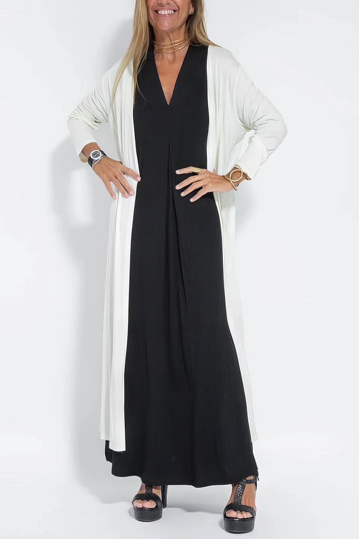 V-Neck Sleeveless Pleated Front Draped Relaxed Maxi Dress
