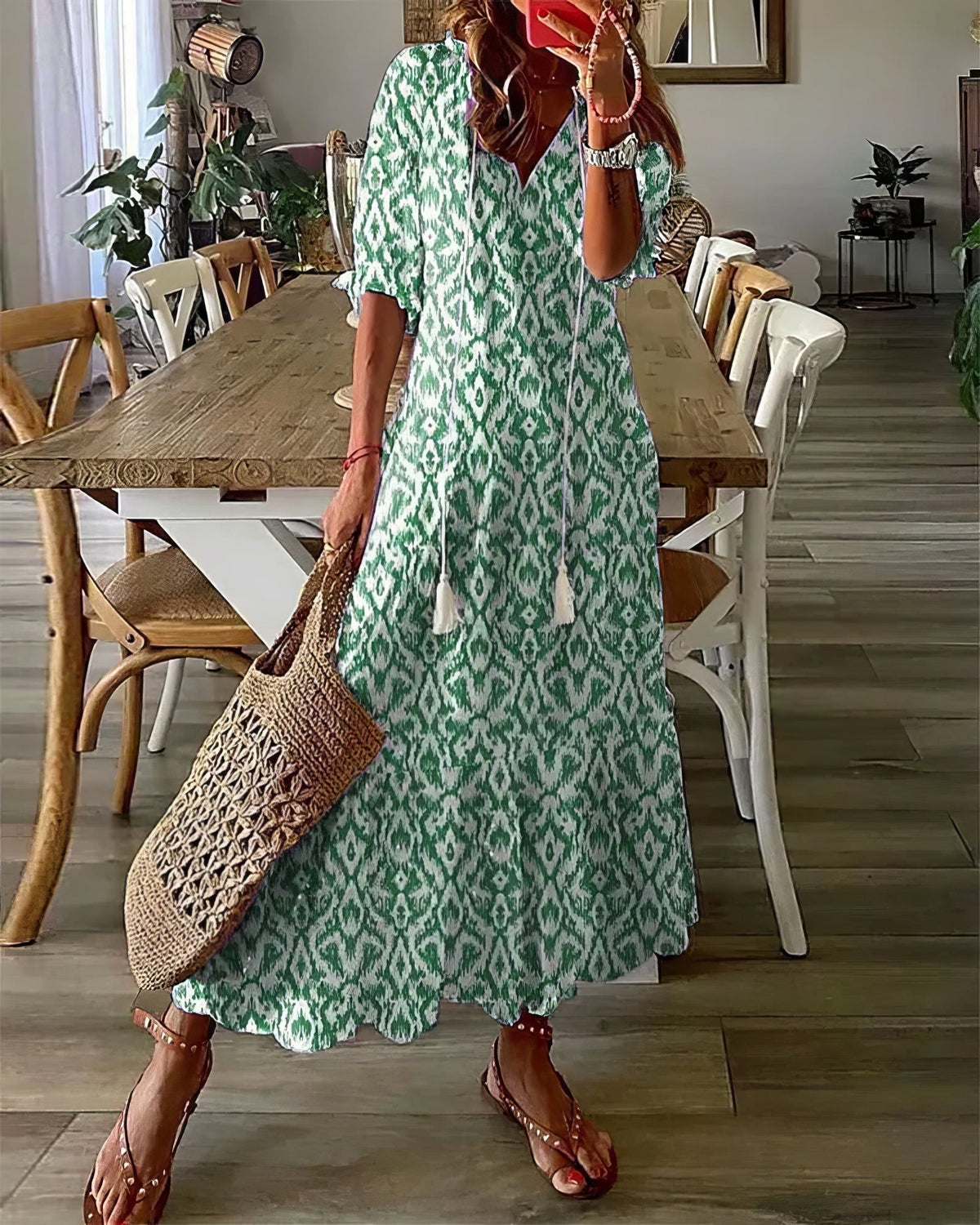 V-Neck Tassel Tie Ikat Print Tiered Boho Maxi Dress 2