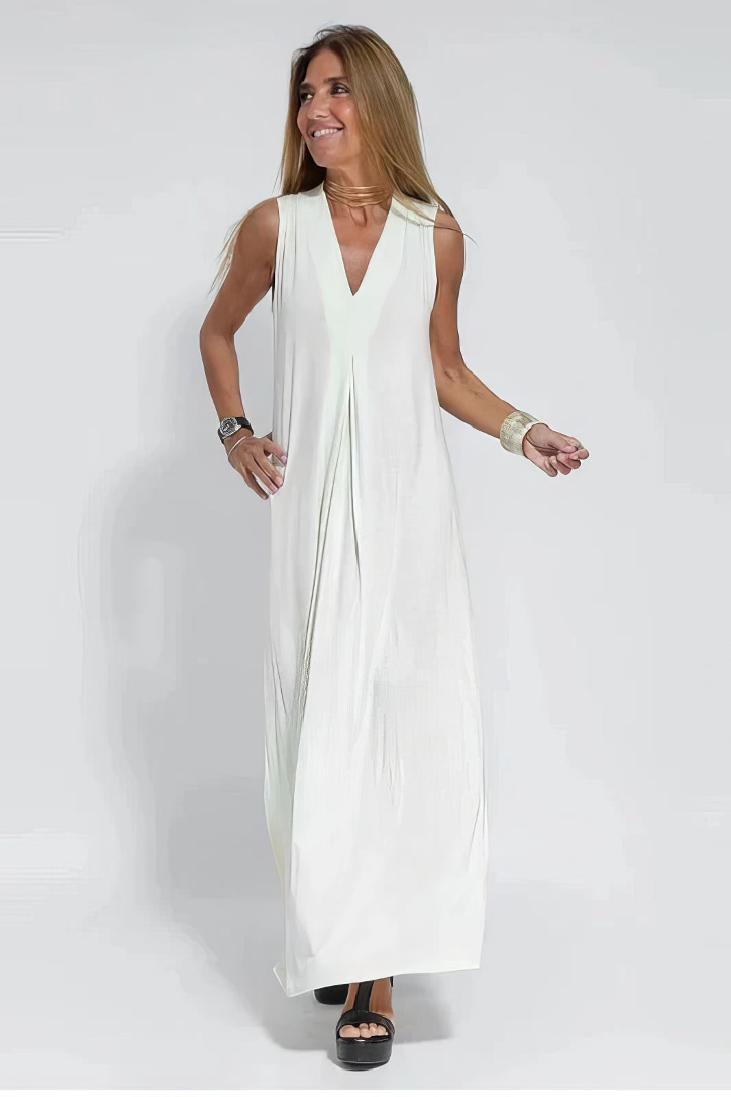 V-Neck Sleeveless Pleated Front Draped Relaxed Maxi Dress