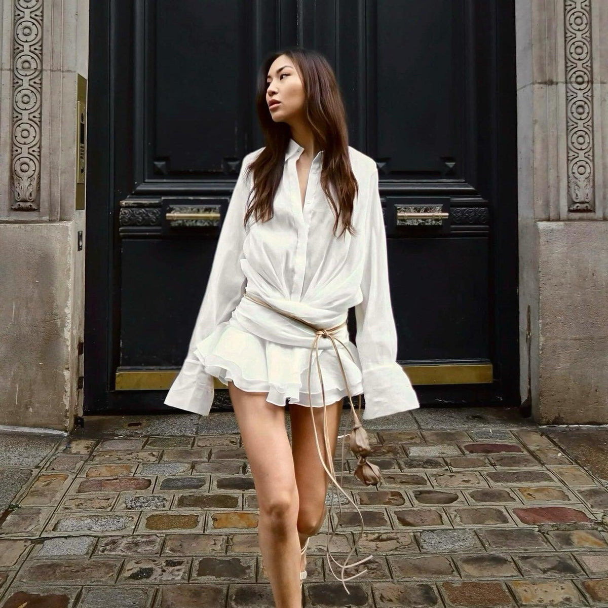 White Collared Deep V-Neck Long Sleeve Belted Ruffle Shirt Mini Dress 10