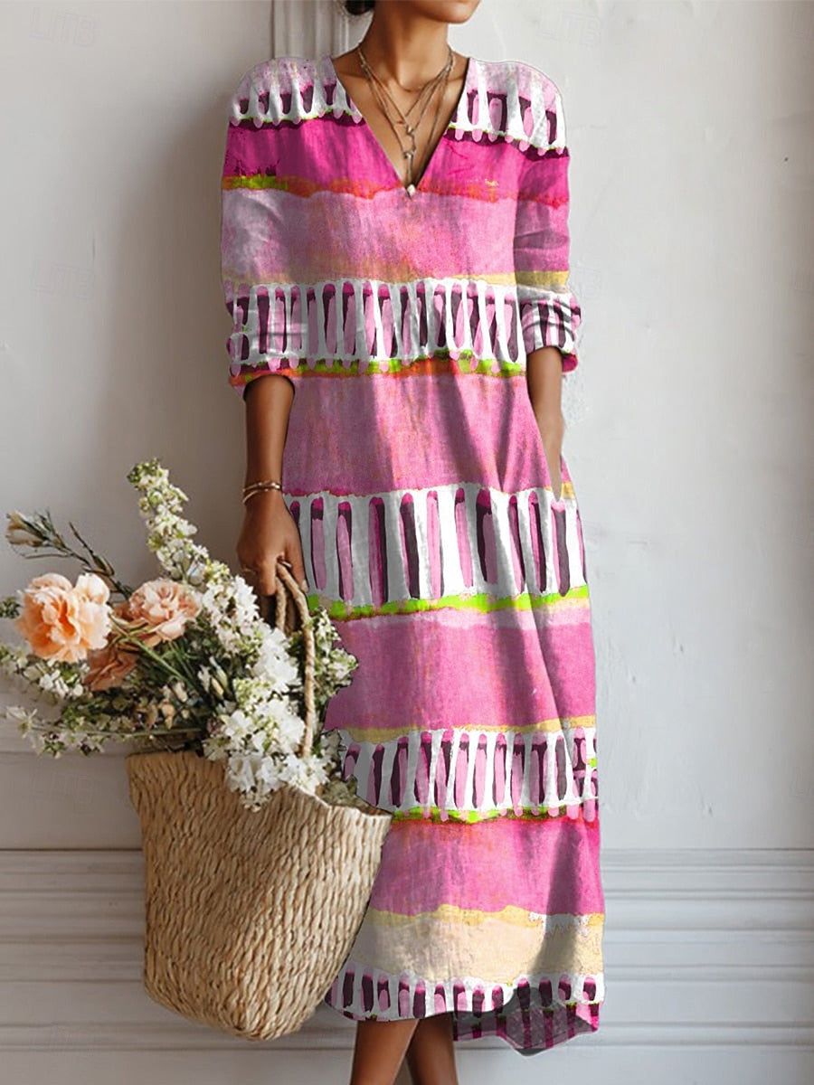 Multicolour V-Neck Long Sleeve Abstract Stripe Print Linen Midi Dress