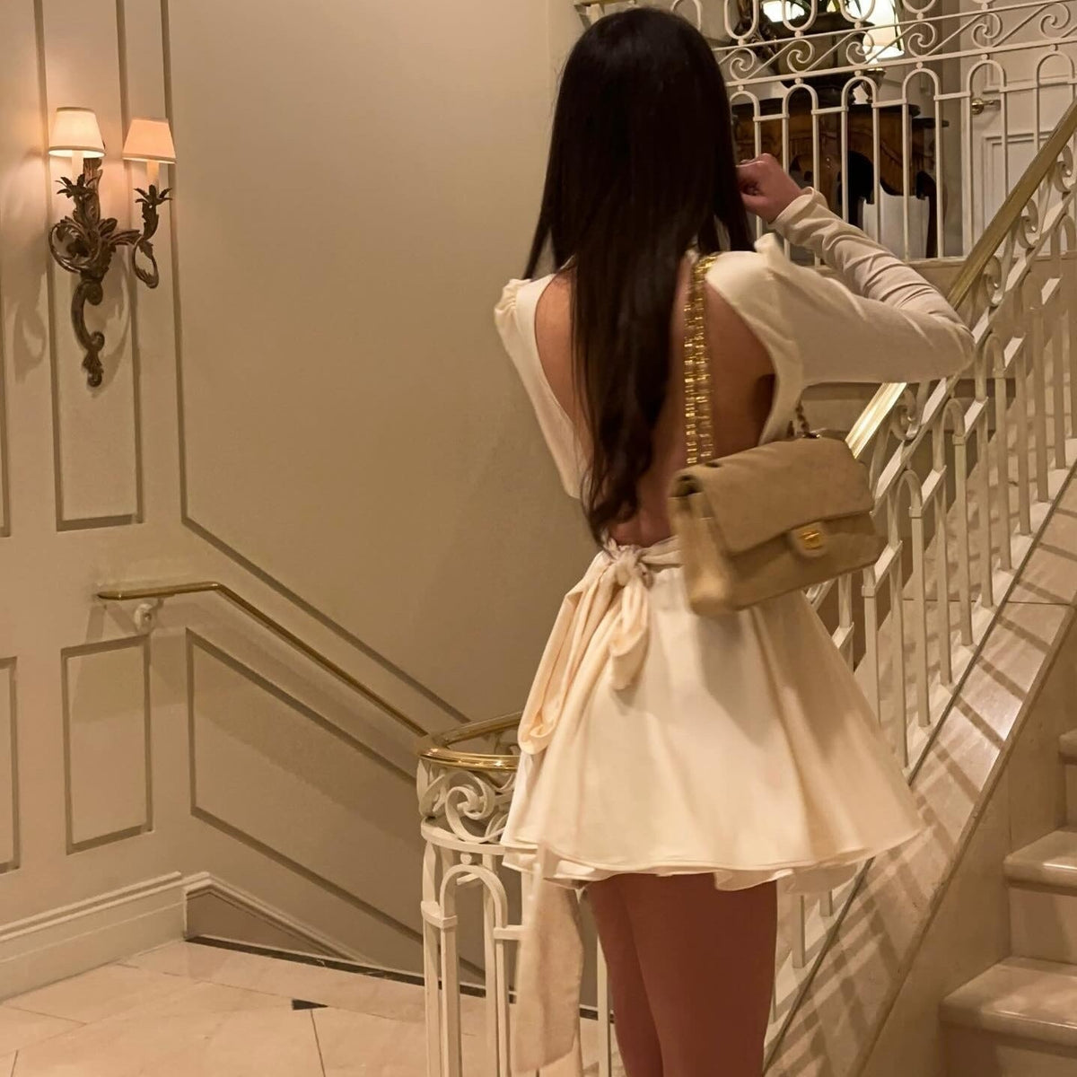 Ivory High Neck Keyhole Cutout Long Sleeve Satin Flared Mini Dress 7