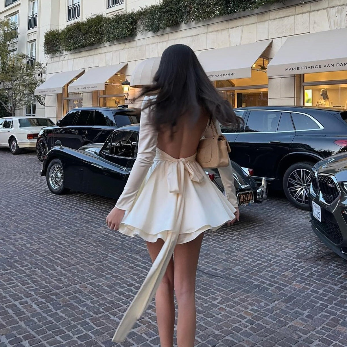 Ivory High Neck Keyhole Cutout Long Sleeve Satin Flared Mini Dress 3
